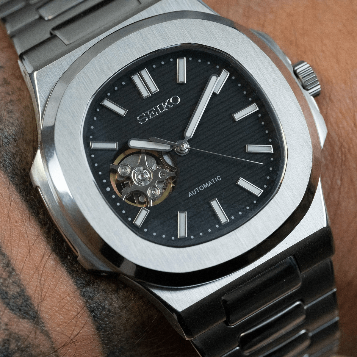 Seiko Mod Nautilus Open Heart | Black - TWTwatches