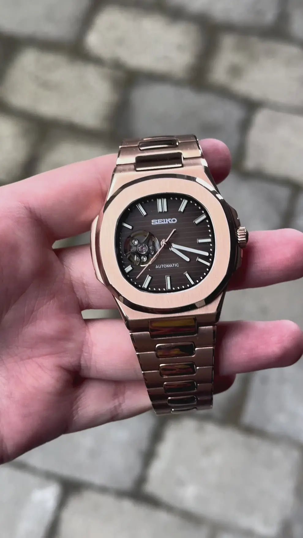 Seiko Mod Nautilus Open Heart | Rose Gold - TWTwatches