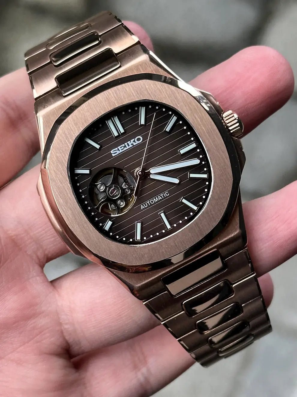 Seiko Mod Nautilus Open Heart | Rose Gold - TWTwatches